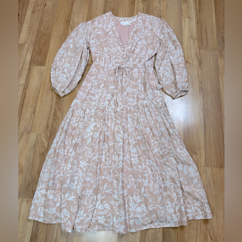 Anthropologie/ Erin Fetherston Maxi Tiered Vneck Dress Women’s M Pink White